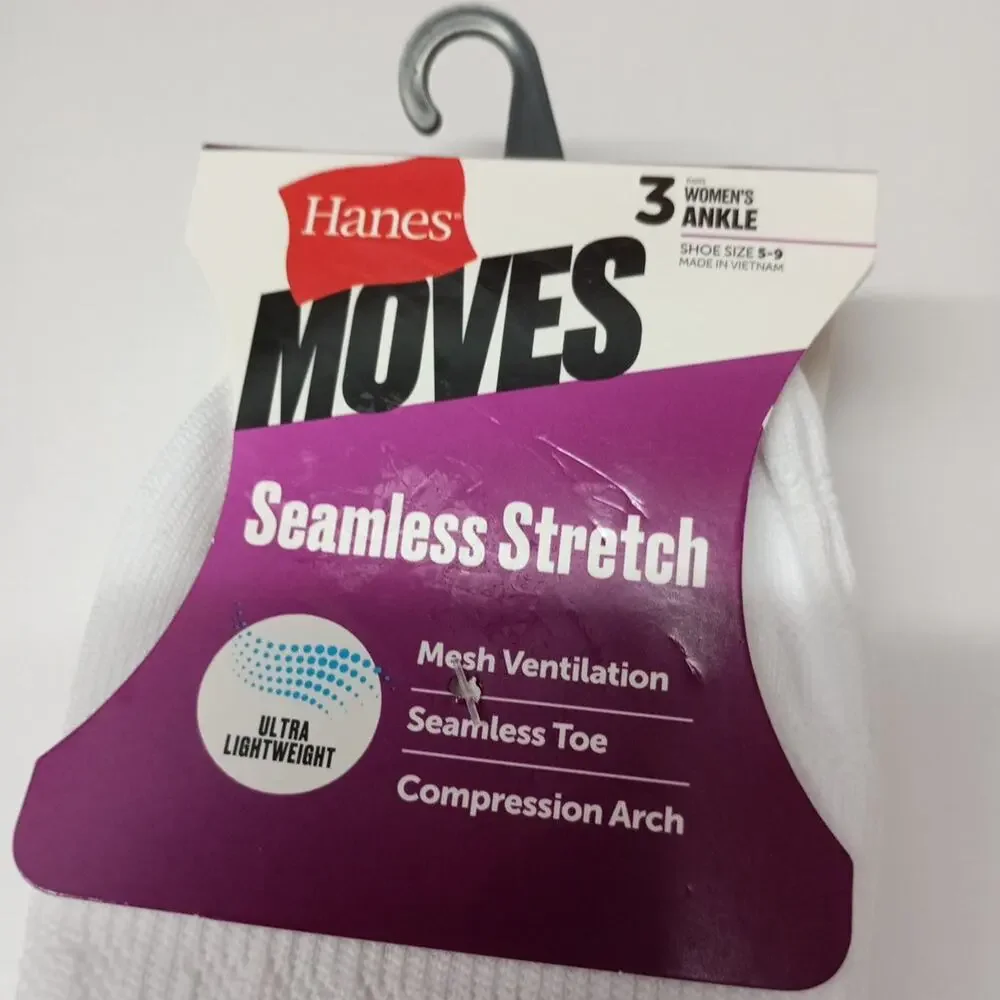 Hanes Moves‎ Ankle Socks 6 Pairs Women's Size 5-9 White Seamless Stretch